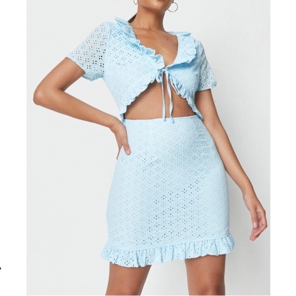 Missguided Frill Neck Cut Out Broderie Mini Dress light blue eyelet - Picture 1 of 4